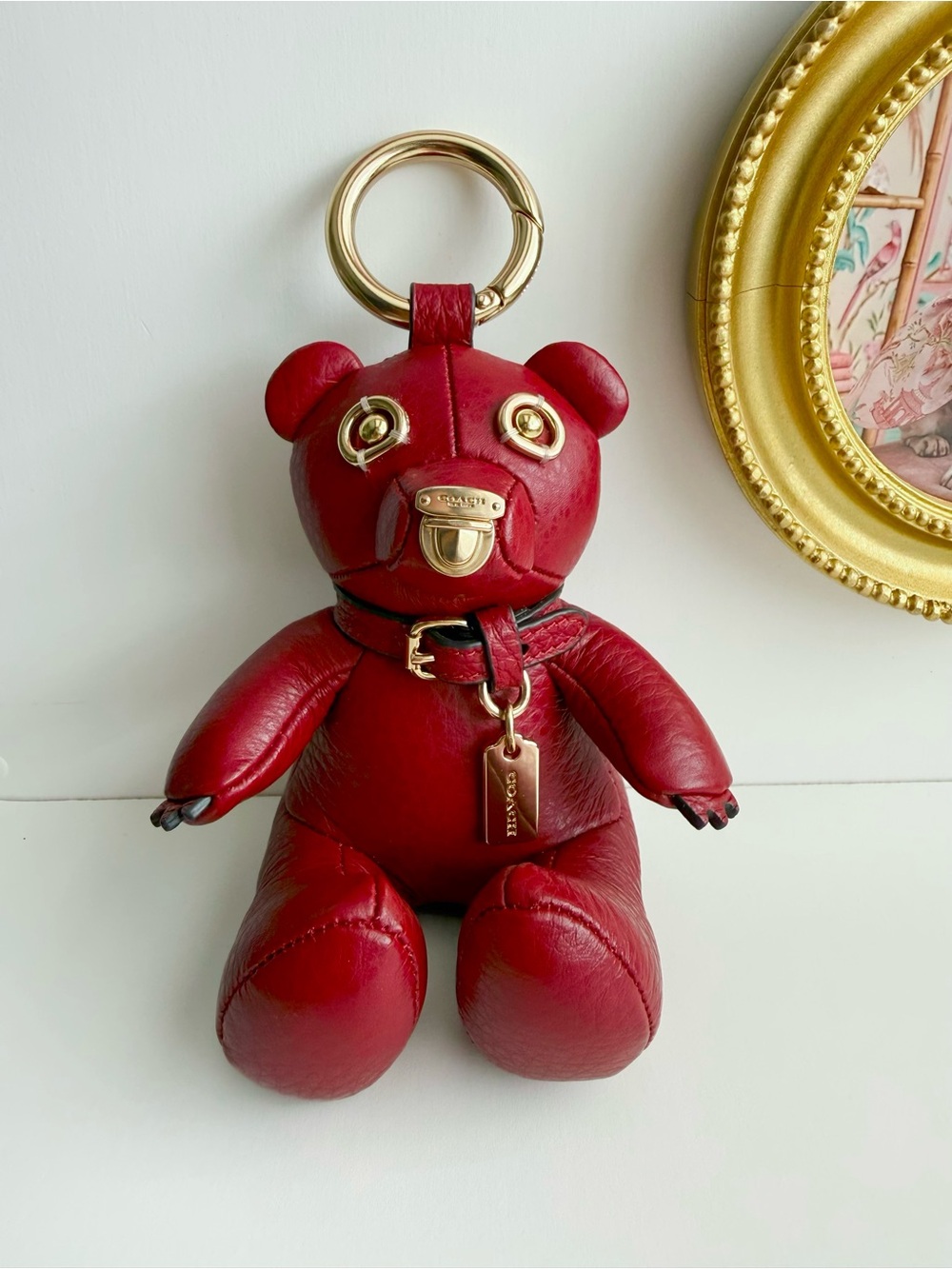 Coach Red Ruby Burgundy Leather Bear Bag Charm with Gold Hardware
